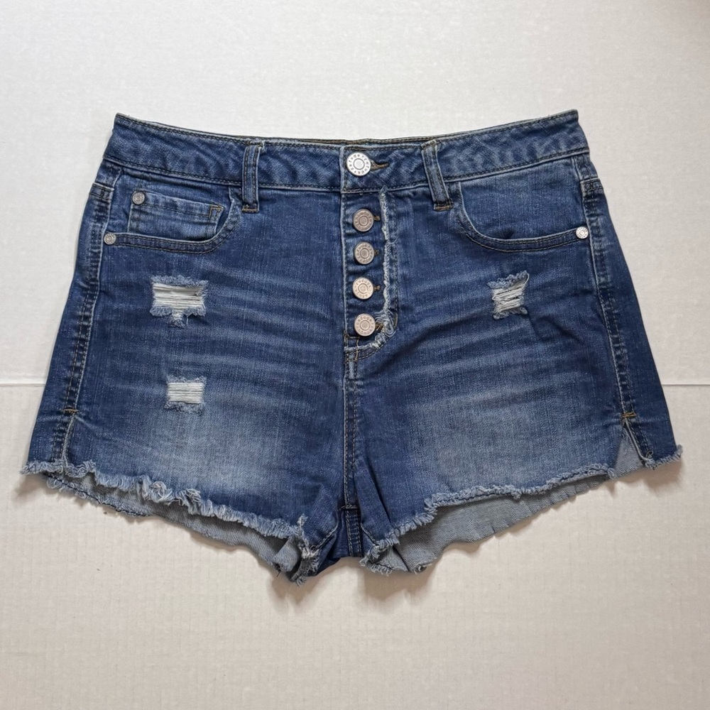 refuge Women Distressed Jean Shorts Button Fly Denim Raw Hem High Rise Size 4